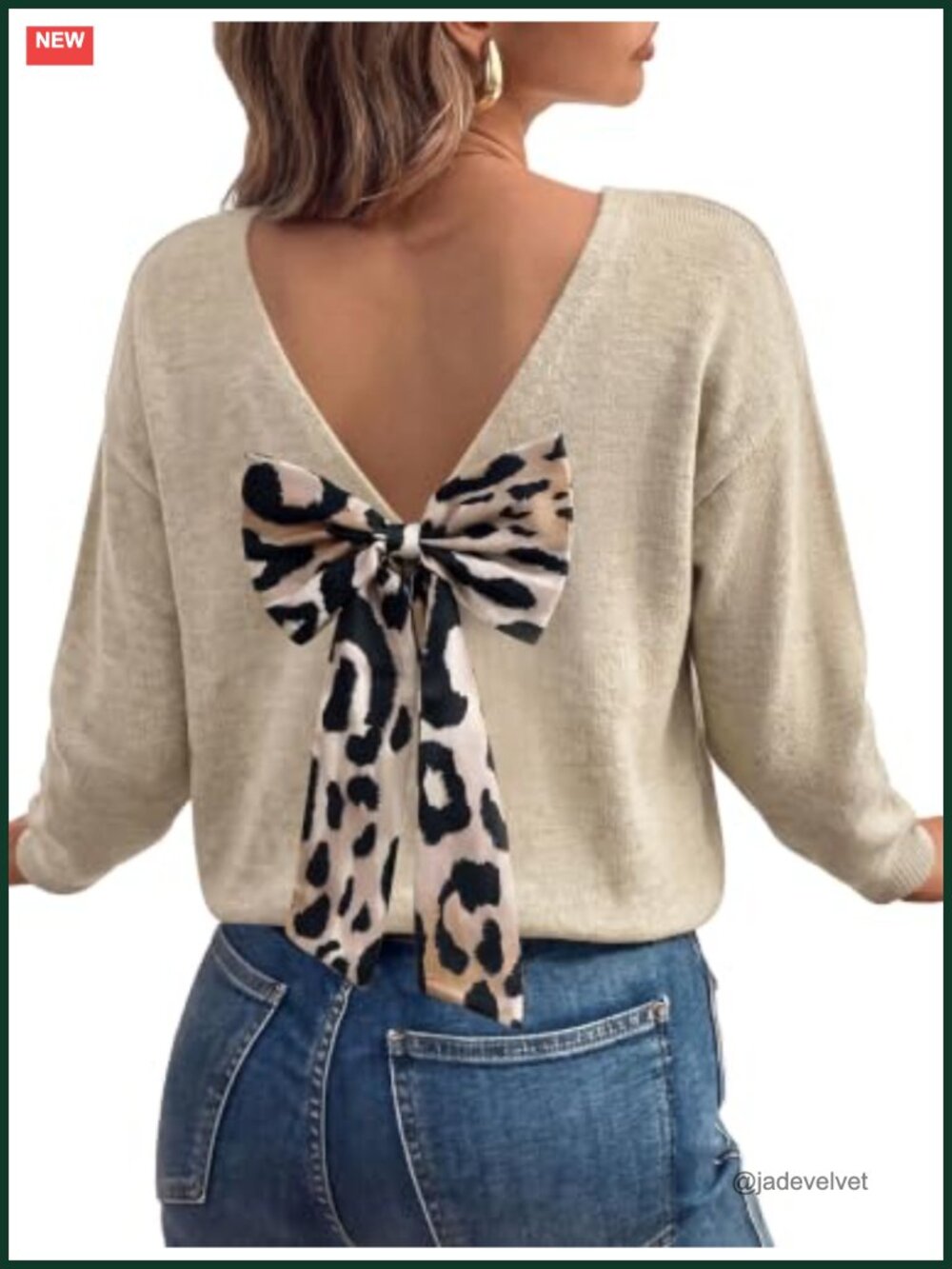 Oversized Leopard Print Back Bow Knot Sweater Pullover Women's Soft Cozy